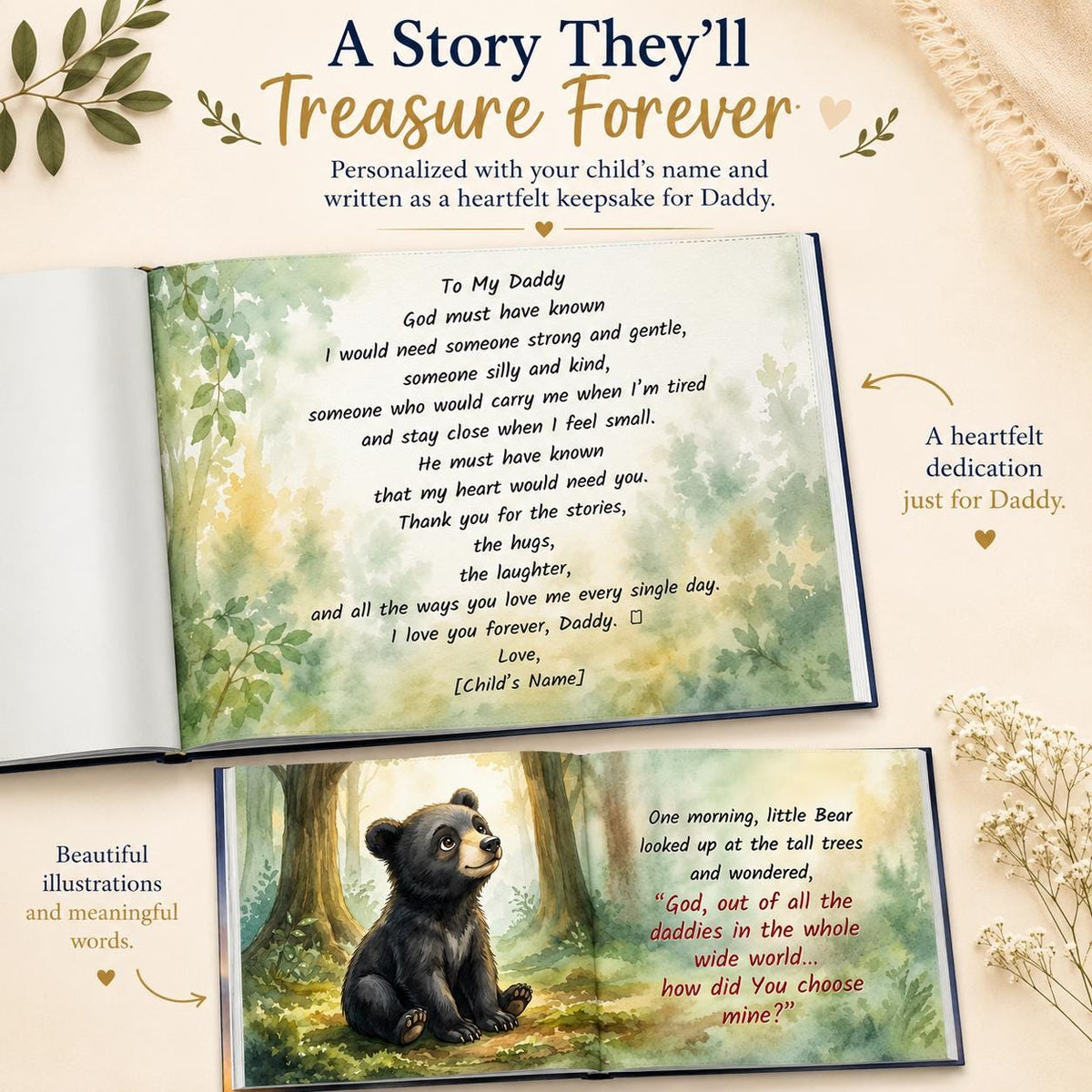 Personalized Fathers Day Gift for First Time Dad, from baby girl, boy, kids, Custom Christian Name Storybook