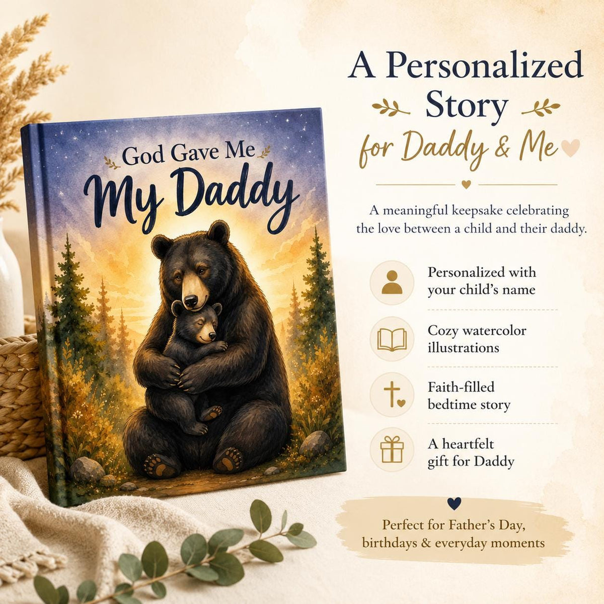Personalized Fathers Day Gift for First Time Dad, from baby girl, boy, kids, Custom Christian Name Storybook
