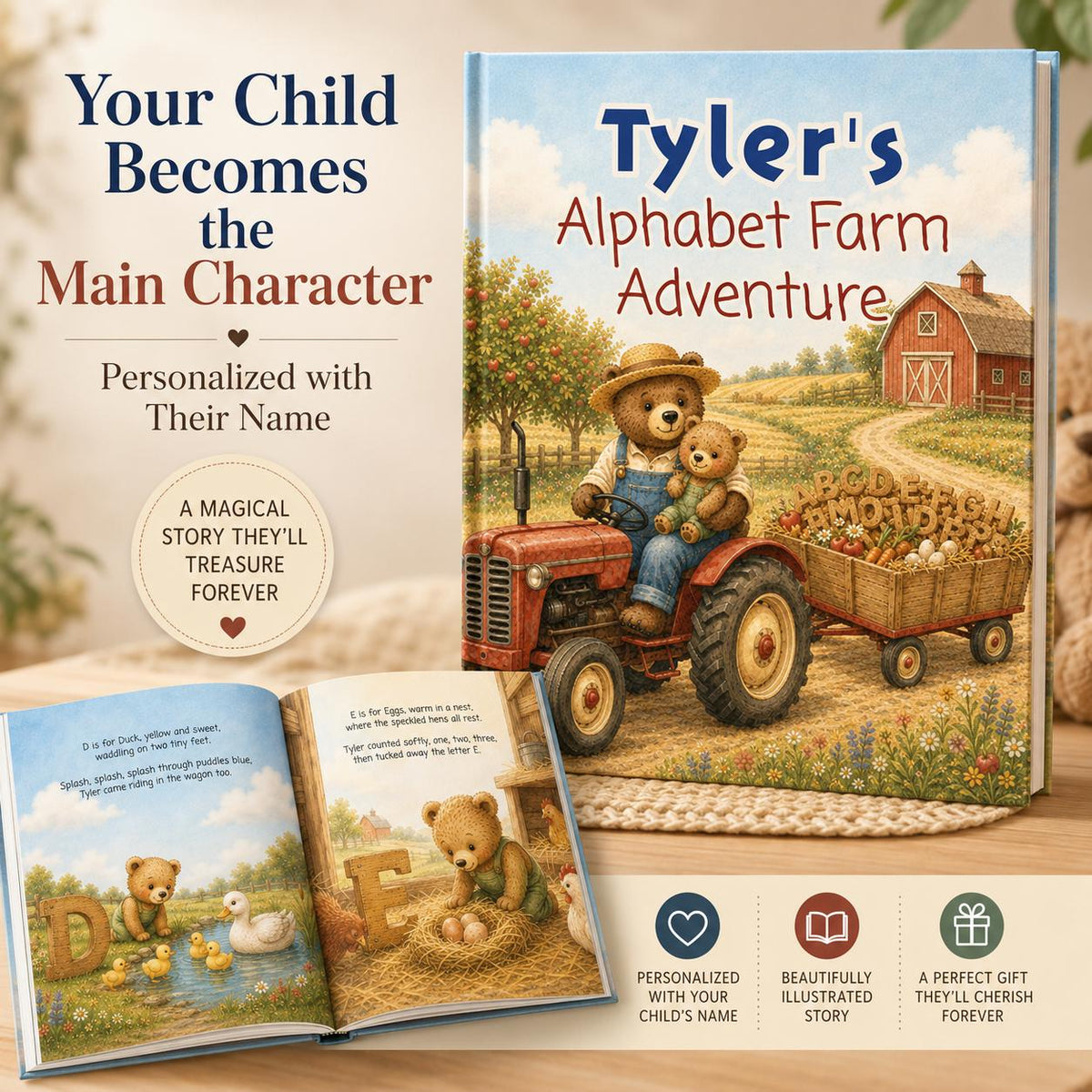 Personalized Alphabet Farm Book for Toddlers, Custom Name ABC Story Book, Baby Keepsake, First Birthday Gift for Boy or Girl