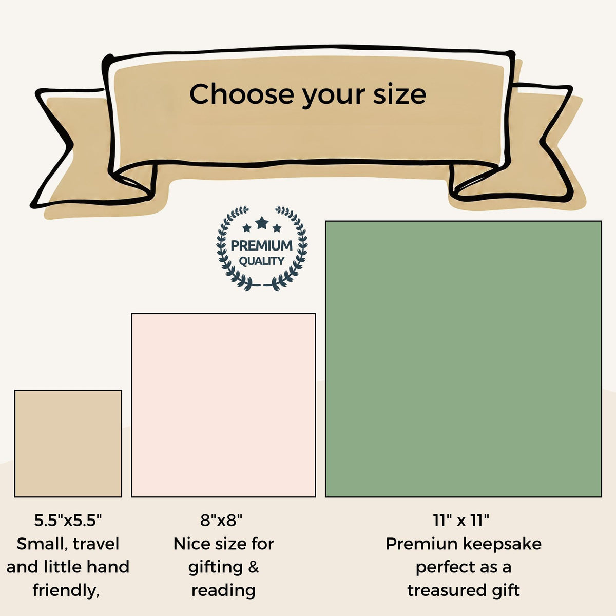 Size or format comparison image showing available square softcover and hardcover versions of the personalized baby blessing book.