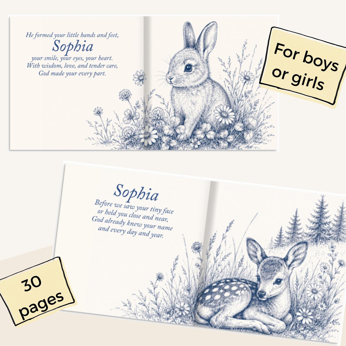 Open interior spread of the Christian baby blessing book with gentle prayer text and woodland illustration across two pages.