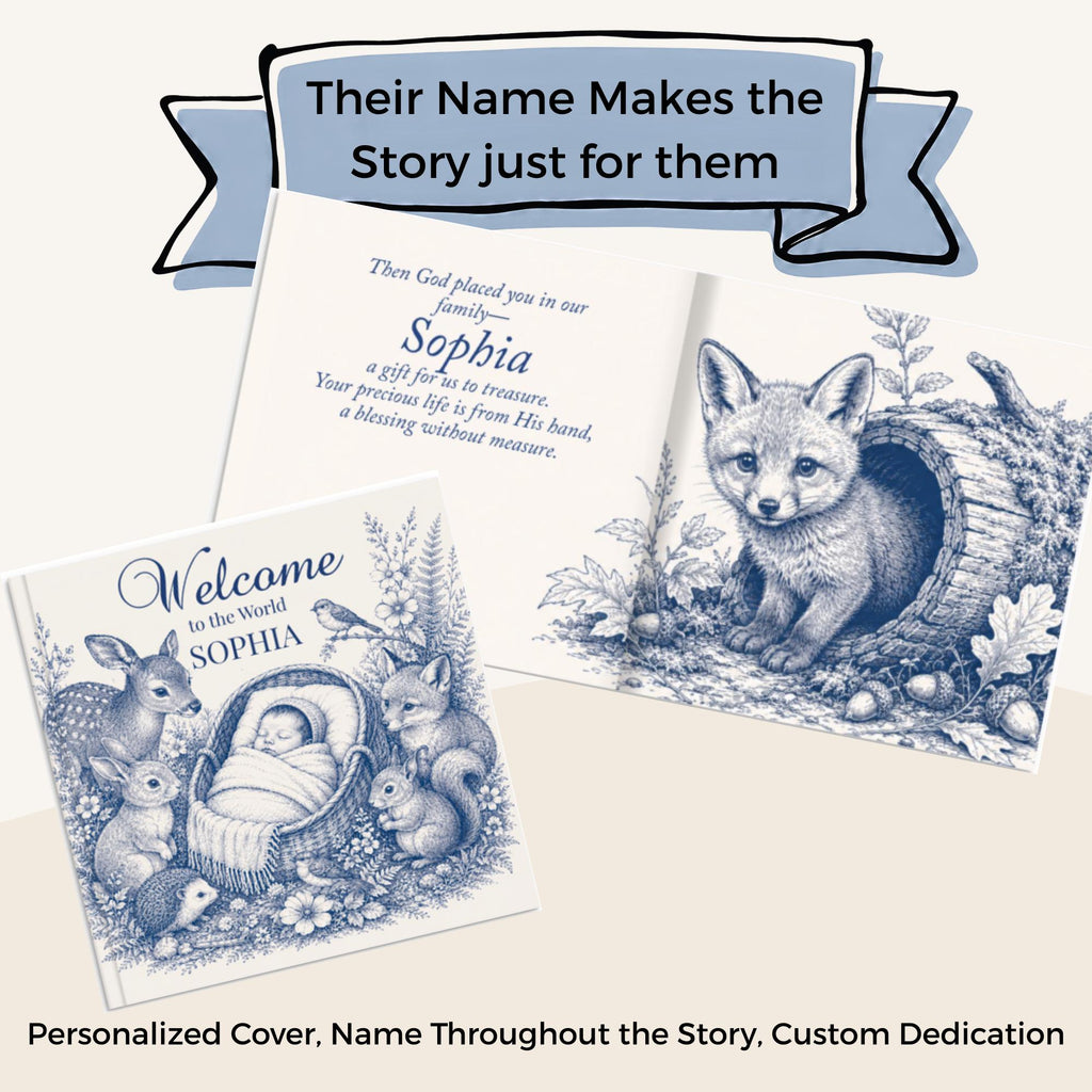 Woodland Nursery Keepsake Personalized Baby Blessing Book Custom Christening Memory Album Baptism Gift Godparent Present Christian Prayer Storybook Dedication Ceremony Treasure Gift Godson Goddaughter Baby Shower Present Handdrawn Woodland