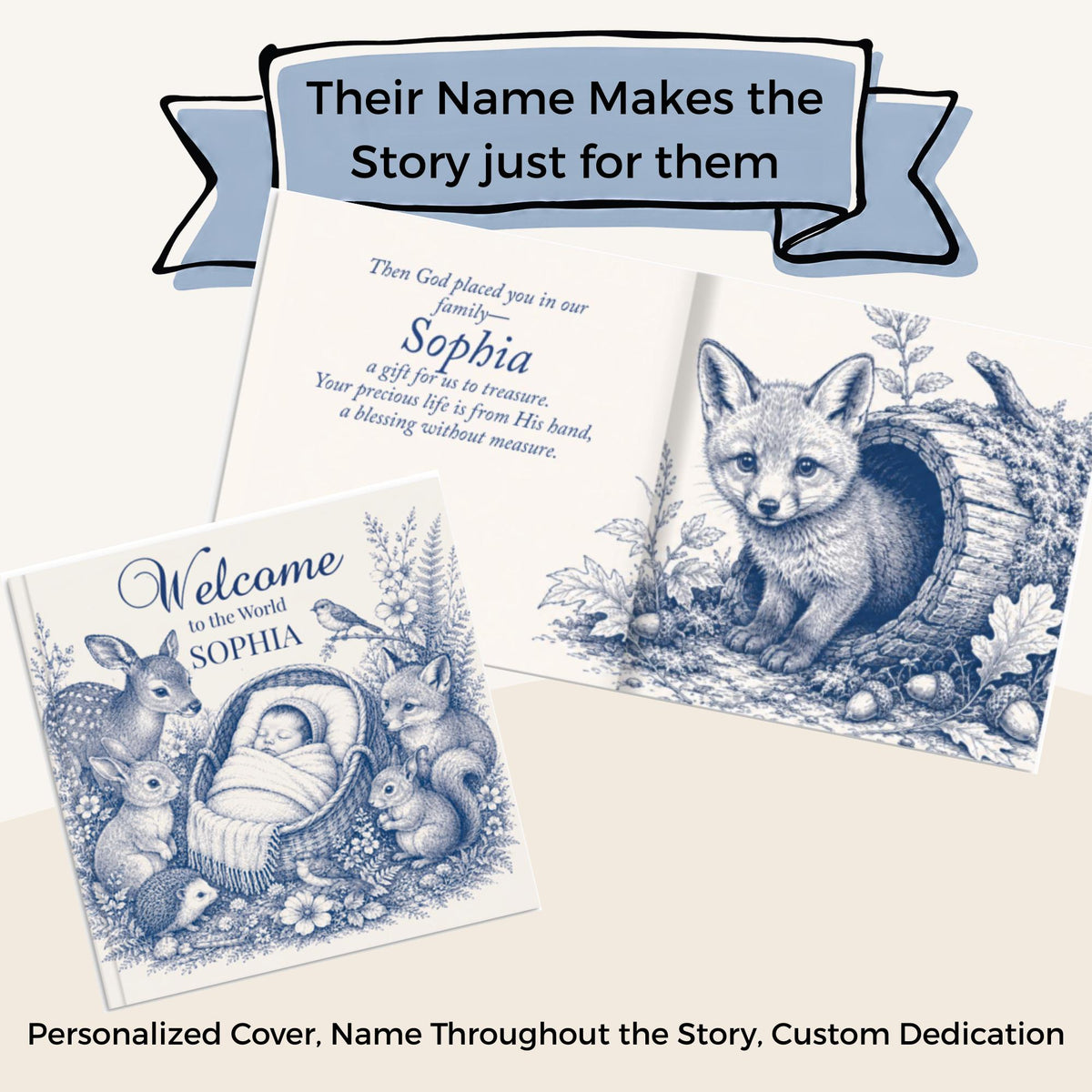 Woodland Nursery Keepsake Personalized Baby Blessing Book Custom Christening Memory Album Baptism Gift Godparent Present Christian Prayer Storybook Dedication Ceremony Treasure Gift Godson Goddaughter Baby Shower Present Handdrawn Woodland