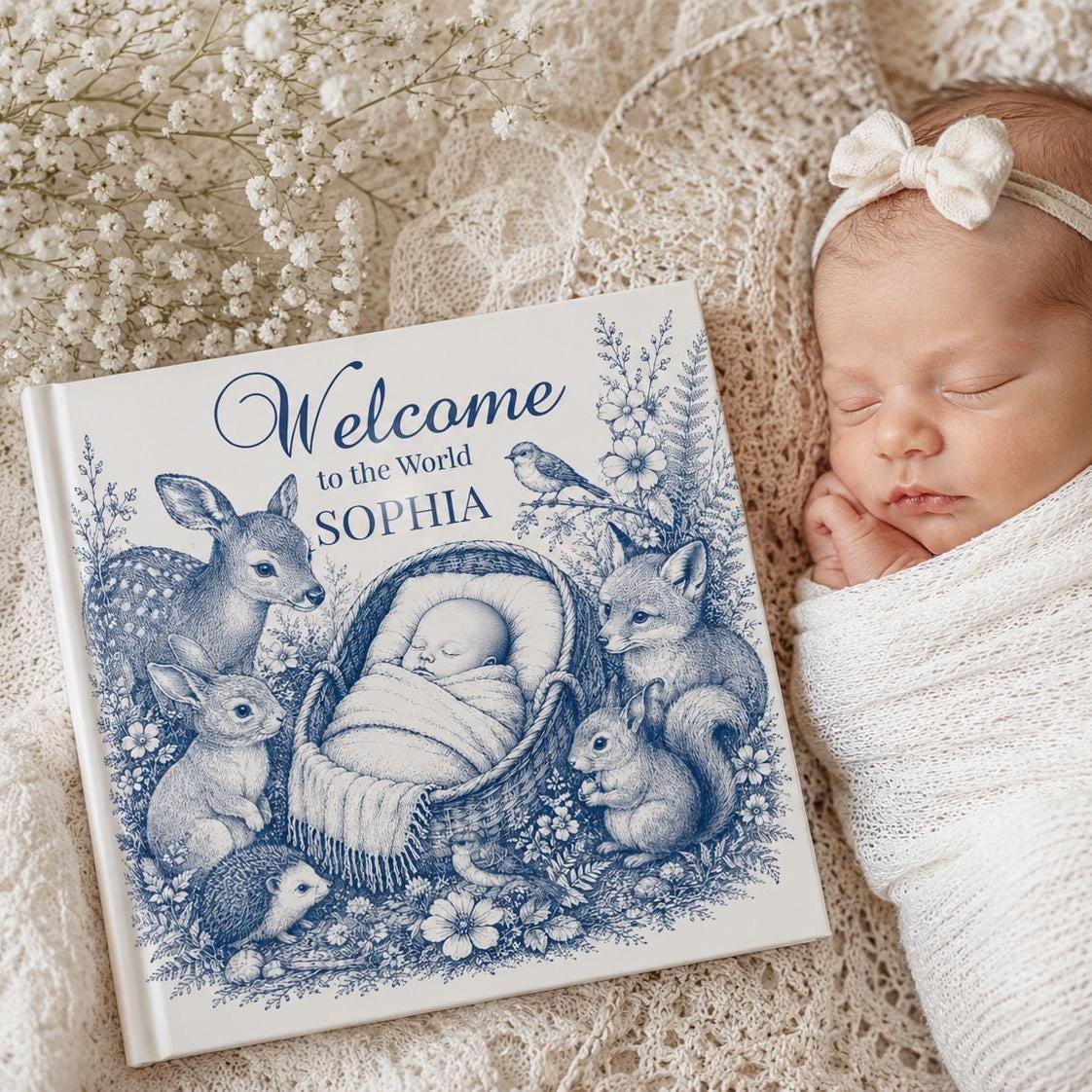 Square hardcover baby blessing book with blue woodland sketch illustration and personalized name Sophia on the cover.