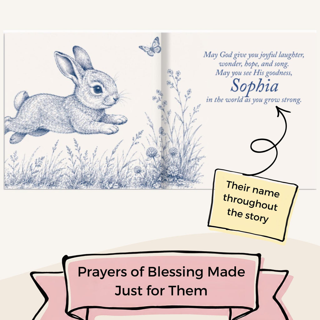 Interior page example showing a short blessing for a newborn with simple child-friendly wording and hand-drawn blue artwork.