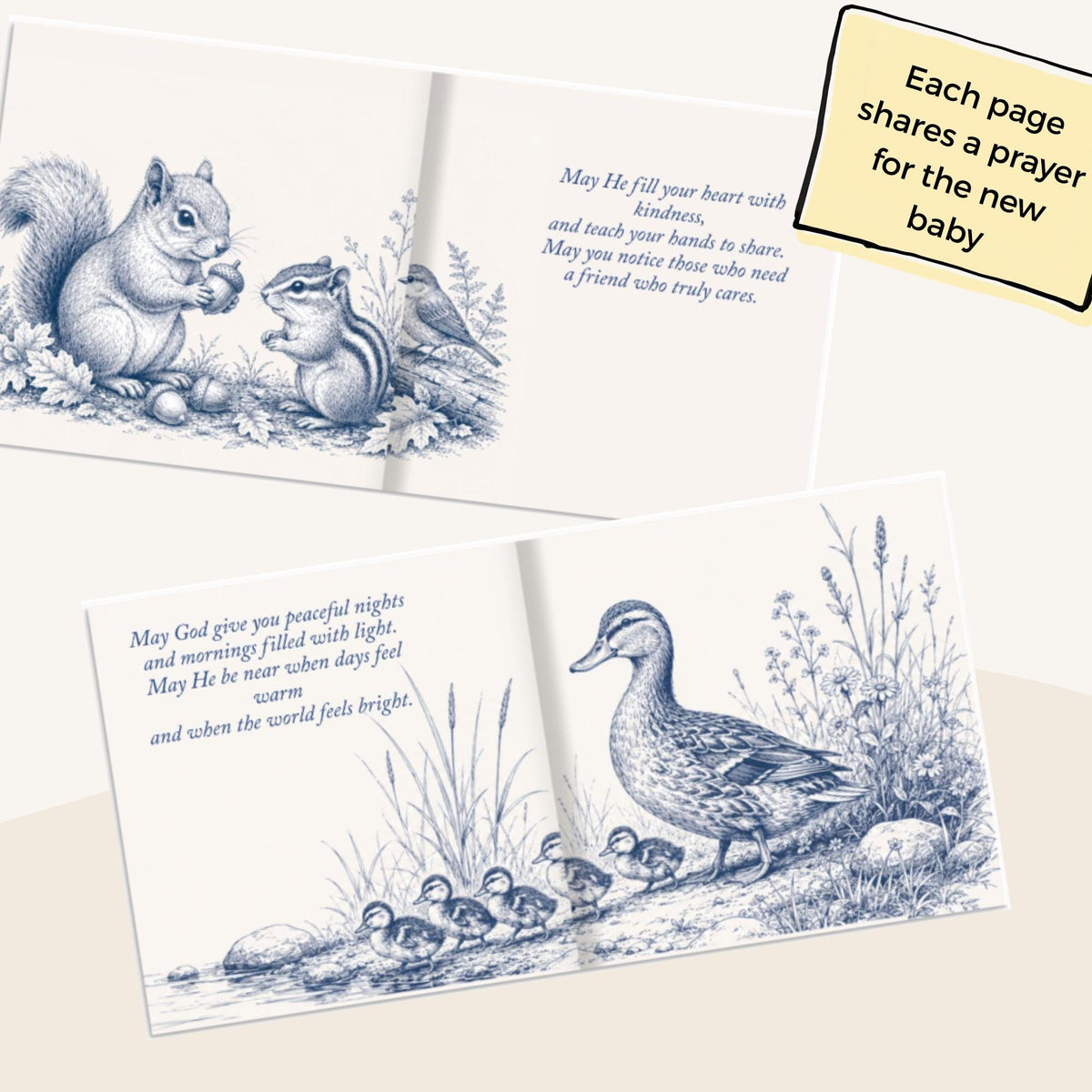 Close-up of the woodland animal artwork inside the storybook, including baby animals and soft countryside details.