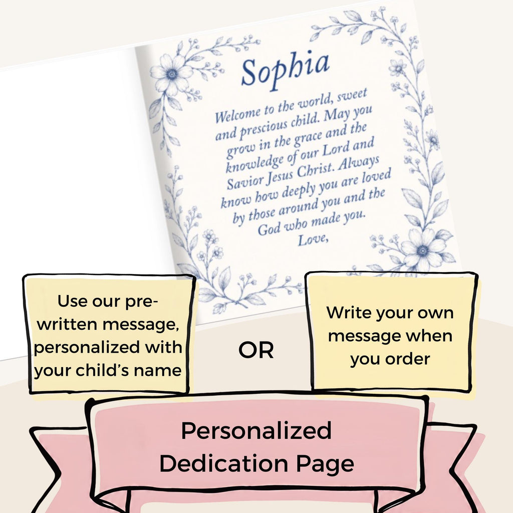 Dedication page example with a custom message written for a newborn gift inside the book.
