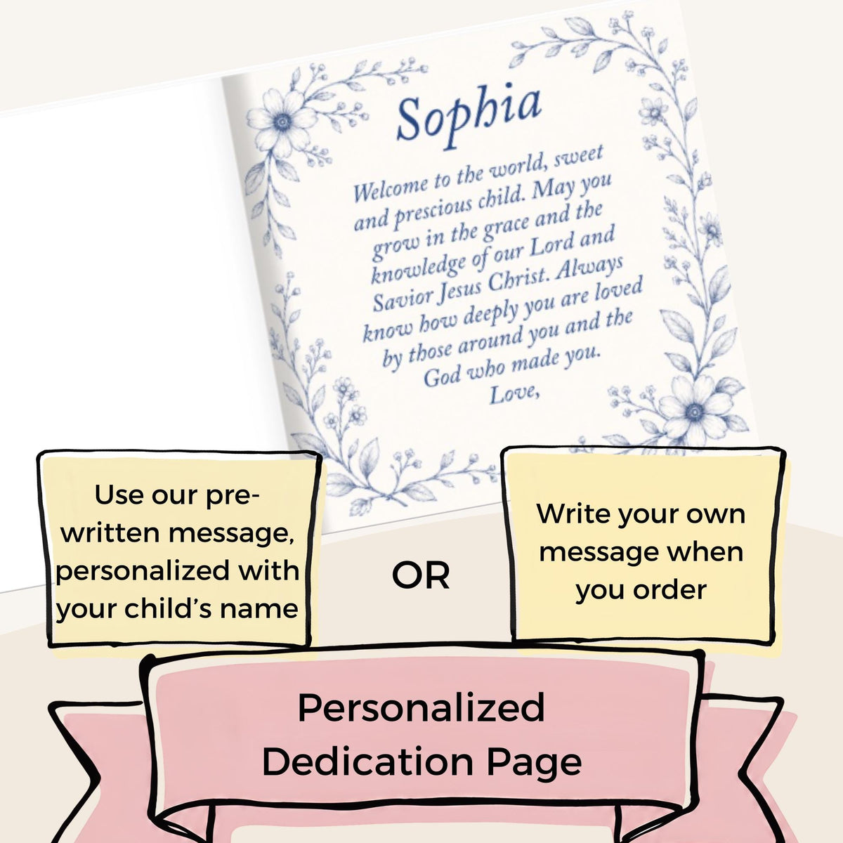 Dedication page example with a custom message written for a newborn gift inside the book.