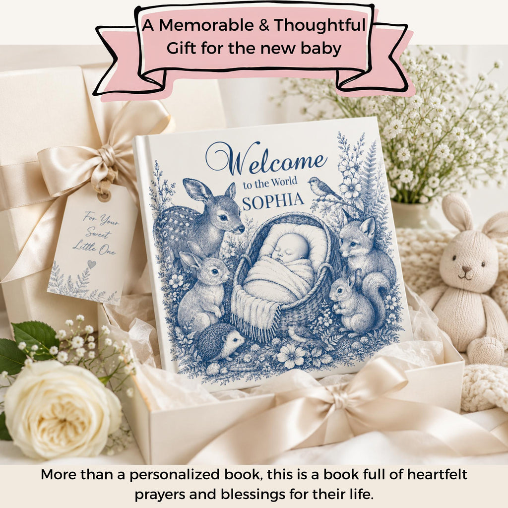 Square hardcover baby blessing book with blue woodland sketch illustration and personalized name Sophia on the cover.
