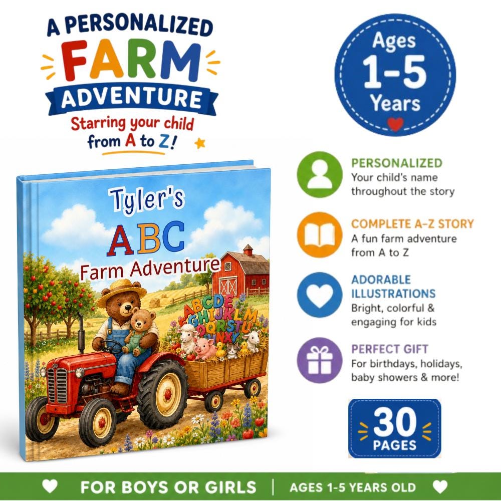 Personalized ABC Farm Adventure Book, Custom Name Story, Animal Book Kids, Toddler Birthday Gift, Personalized Storybook, Alphabet