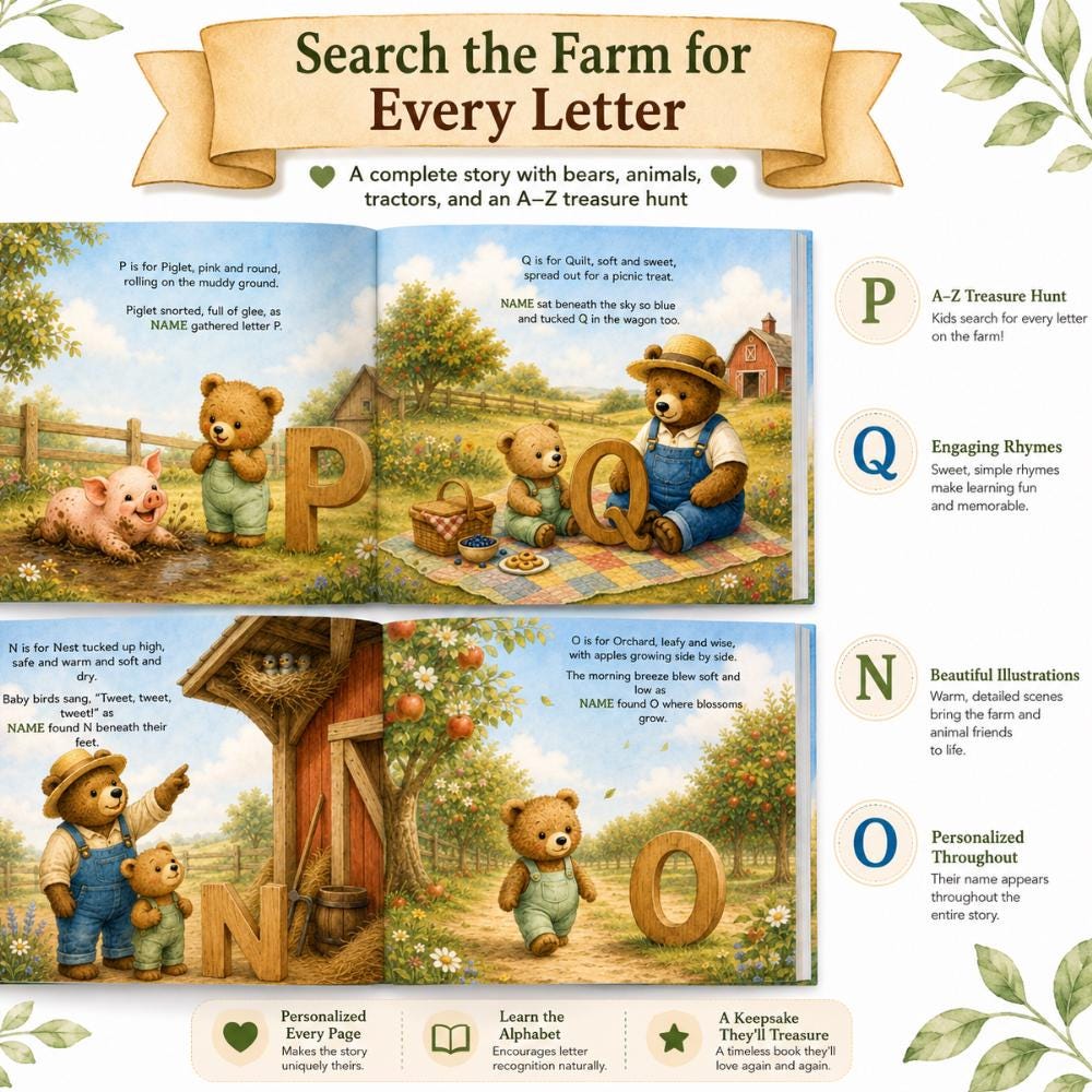 Personalized ABC Farm Adventure Book, Custom Name Story, Animal Book Kids, Toddler Birthday Gift, Personalized Storybook, Alphabet