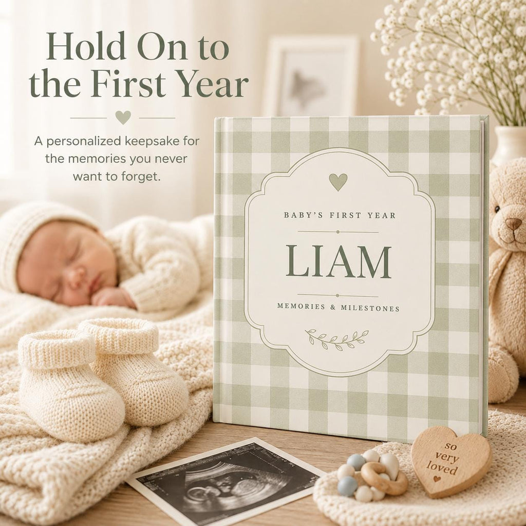 Baby Memory Book, Personalized Baby First Year Keepsake Book to Preserve First Year Photos Memories and Milestones Gingam Journal