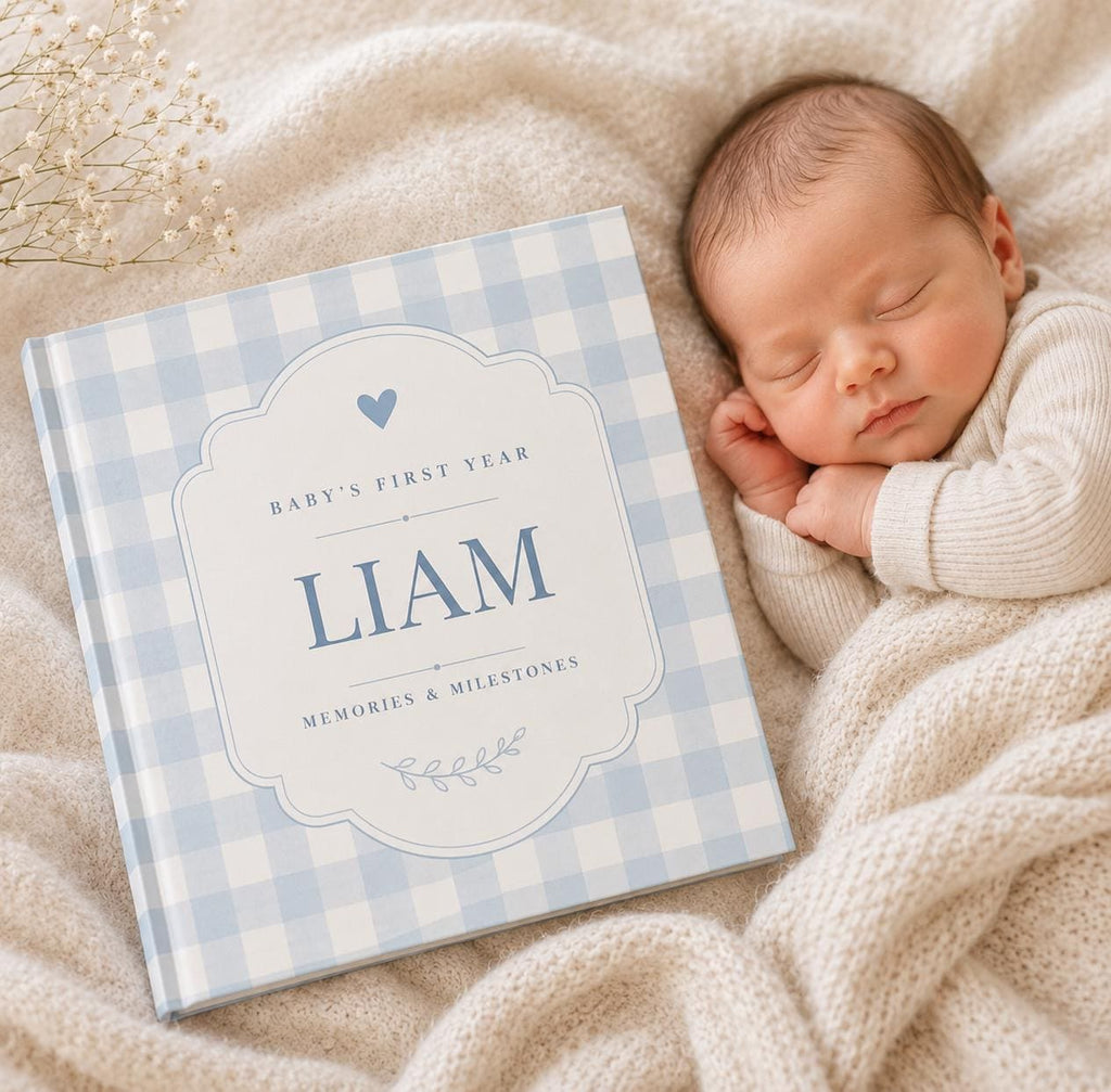 Baby Memory Book, Personalized Baby First Year Keepsake Book to Preserve First Year Photos Memories and Milestones Gingam Journal