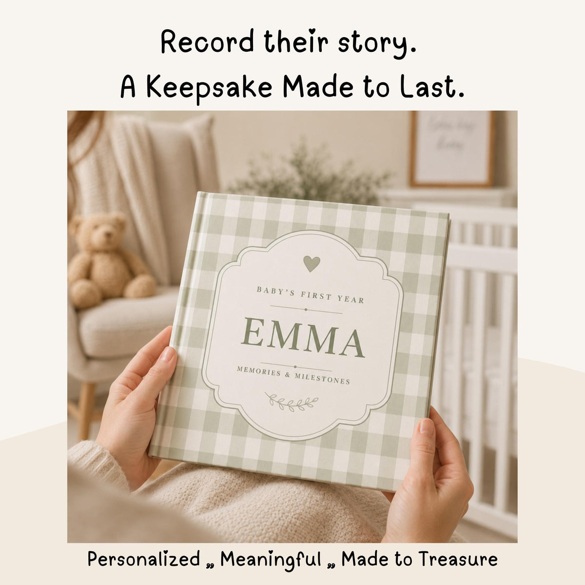 Baby Memory Book, Personalized Baby First Year Keepsake Book to Preserve First Year Photos Memories and Milestones Gingam Journal