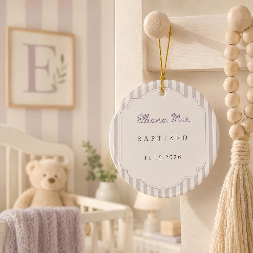 Personalized Striped Baptism Ornament for Boys Girls, Christening Gift for Godson Goddaughter, Custom Ceramic Keepsake Baptism Gift