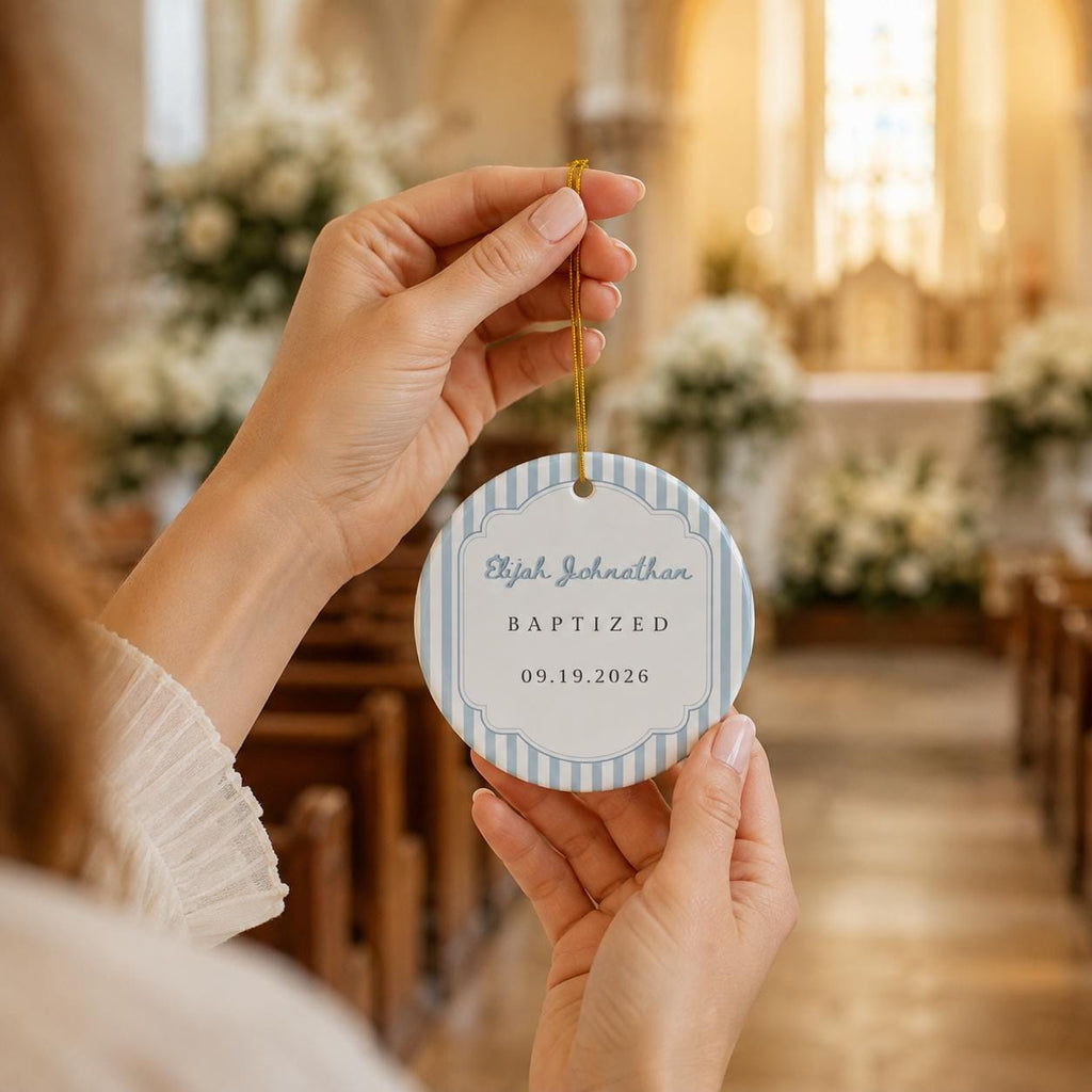 Personalized Striped Baptism Ornament for Boys Girls, Christening Gift for Godson Goddaughter, Custom Ceramic Keepsake Baptism Gift
