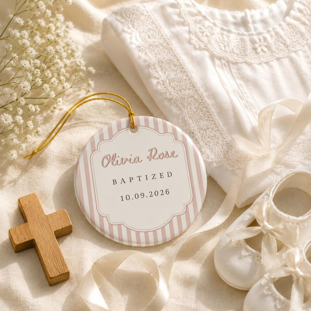 Personalized Striped Baptism Ornament for Boys Girls, Christening Gift for Godson Goddaughter, Custom Ceramic Keepsake Baptism Gift