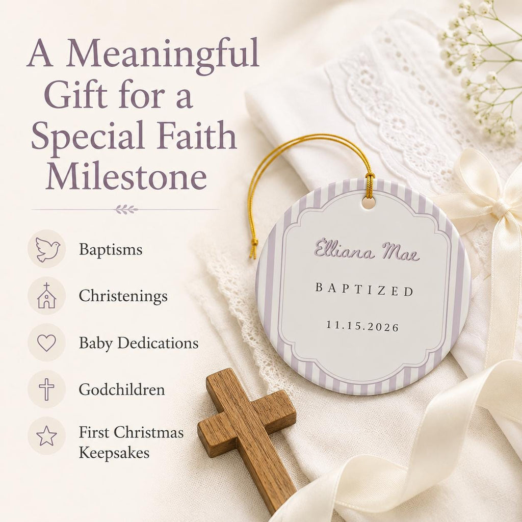 Personalized Striped Baptism Ornament for Boys Girls, Christening Gift for Godson Goddaughter, Custom Ceramic Keepsake Baptism Gift