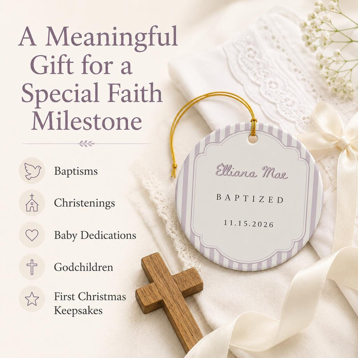 Personalized Striped Baptism Ornament for Boys Girls, Christening Gift for Godson Goddaughter, Custom Ceramic Keepsake Baptism Gift