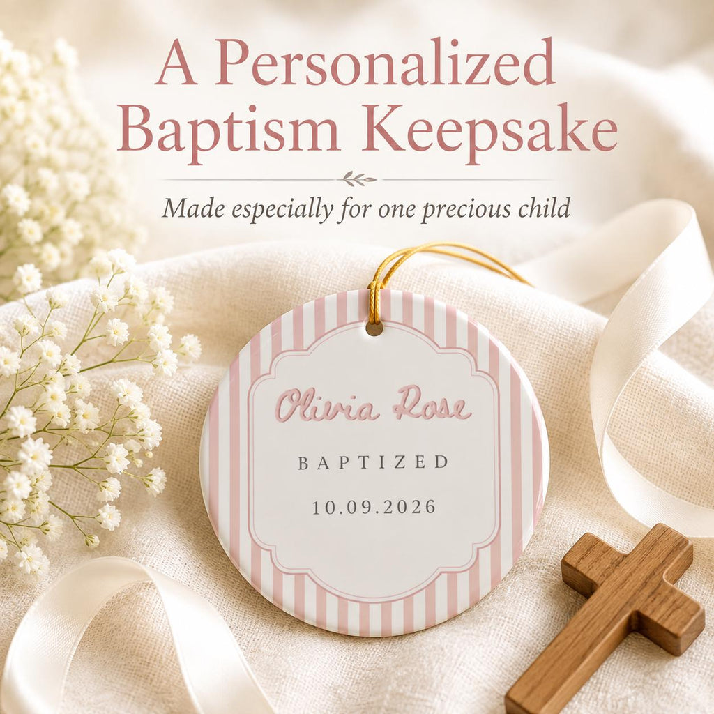 Personalized Striped Baptism Ornament for Boys Girls, Christening Gift for Godson Goddaughter, Custom Ceramic Keepsake Baptism Gift