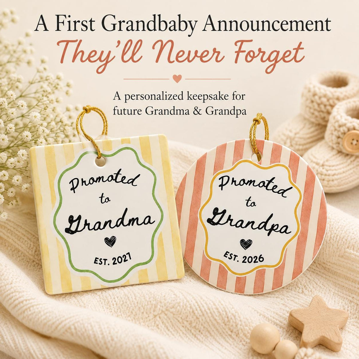 Promoted to Grandparents Ornament, Custom Grandma Grandpa Pregnancy Reveal Announcement, Personalized Expecting Baby Christmas Ornament 2026
