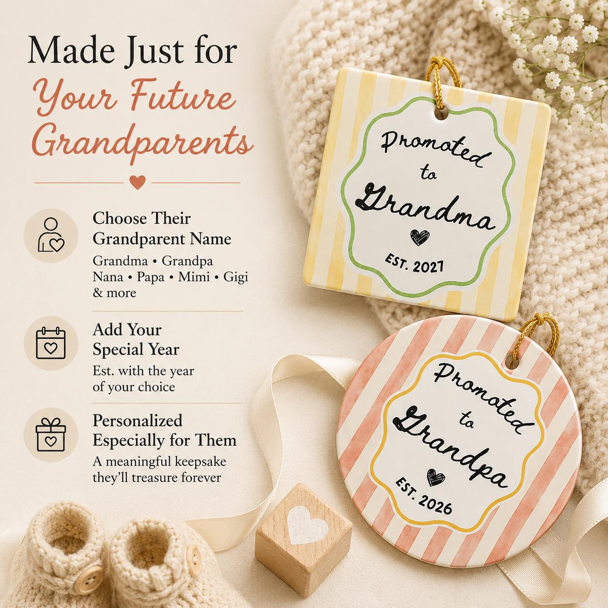 Promoted to Grandparents Ornament, Custom Grandma Grandpa Pregnancy Reveal Announcement, Personalized Expecting Baby Christmas Ornament 2026