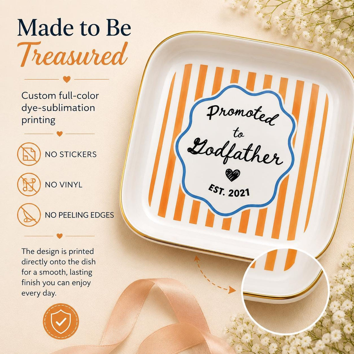 Godparent Gift Custom Striped Jewelry Dish, Cute Godparent Appreciation Gift, Personalized Godmother Proposal Ring Dish with Name Keepsake
