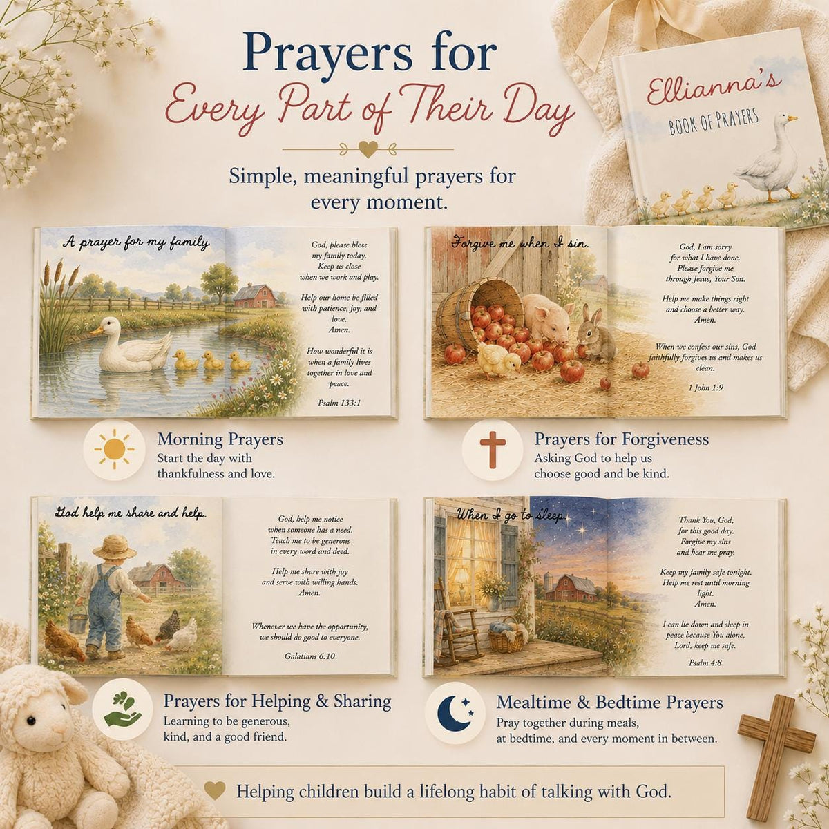 Personalized First Prayer Book for Kids, Christian Bedtime Prayers, Baptism Gift