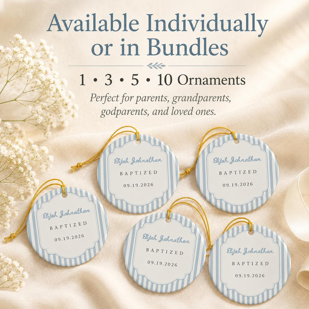 Personalized Striped Baptism Ornament for Boys Girls, Christening Gift for Godson Goddaughter, Custom Ceramic Keepsake Baptism Gift