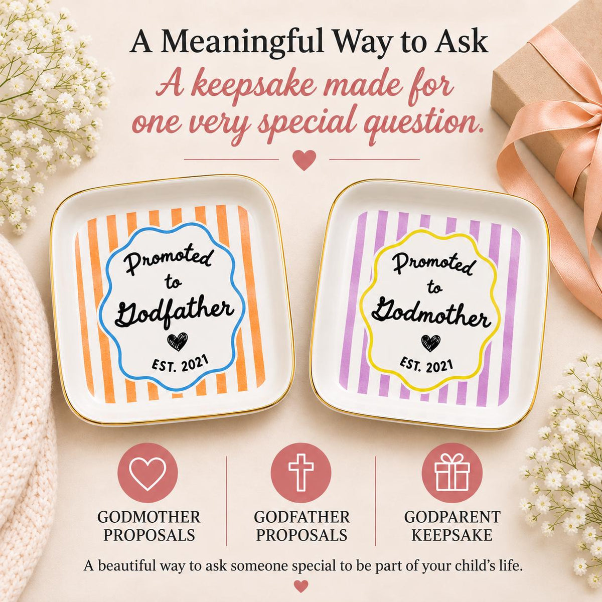 Godparent Gift Custom Striped Jewelry Dish, Cute Godparent Appreciation Gift, Personalized Godmother Proposal Ring Dish with Name Keepsake