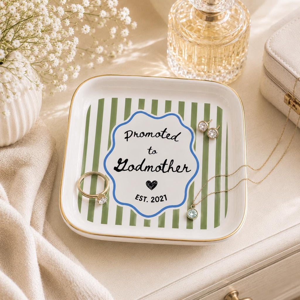 Godparent Gift Custom Striped Jewelry Dish, Cute Godparent Appreciation Gift, Personalized Godmother Proposal Ring Dish with Name Keepsake