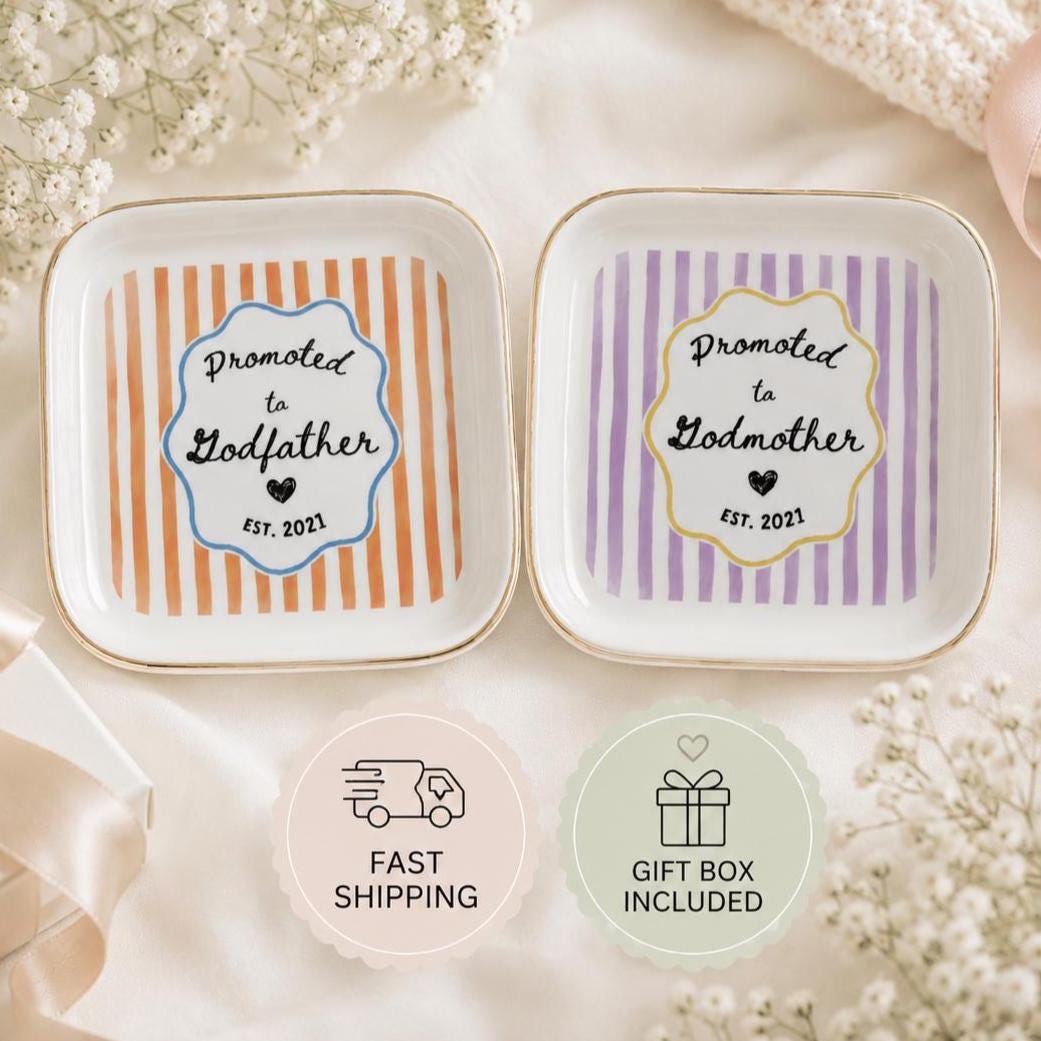 Godparent Gift Custom Striped Jewelry Dish, Cute Godparent Appreciation Gift, Personalized Godmother Proposal Ring Dish with Name Keepsake