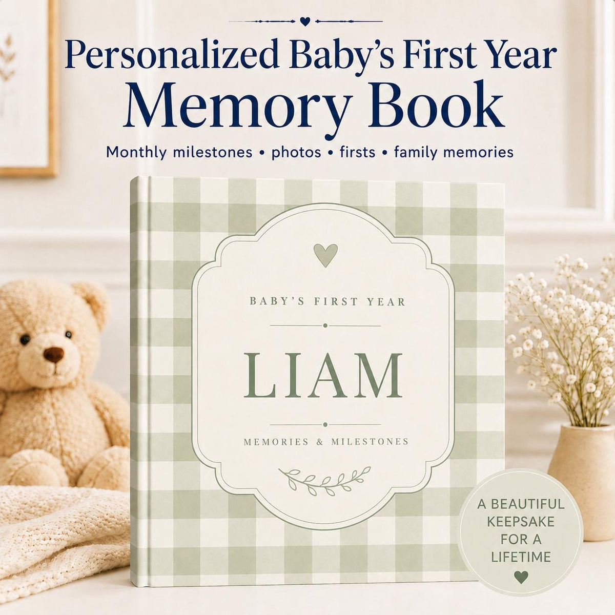 Baby Memory Book, Personalized Baby First Year Keepsake Book to Preserve First Year Photos Memories and Milestones Gingam Journal