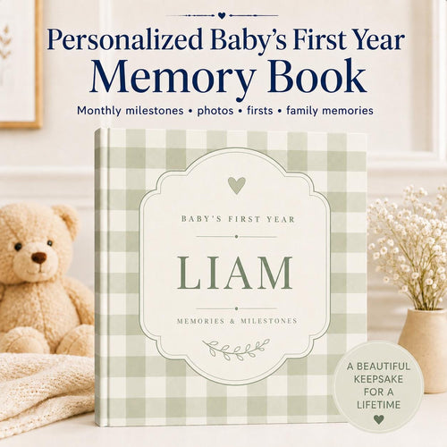 Baby Memory Book, Personalized Baby First Year Keepsake Book to Preserve First Year Photos Memories and Milestones Gingam Journal