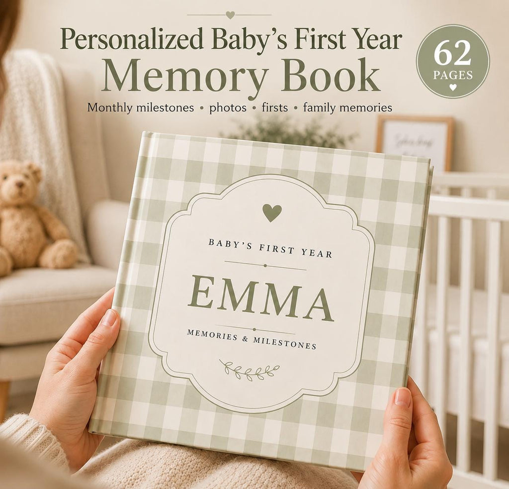 Baby Memory Book, Personalized Baby First Year Keepsake Book to Preserve First Year Photos Memories and Milestones Gingam Journal