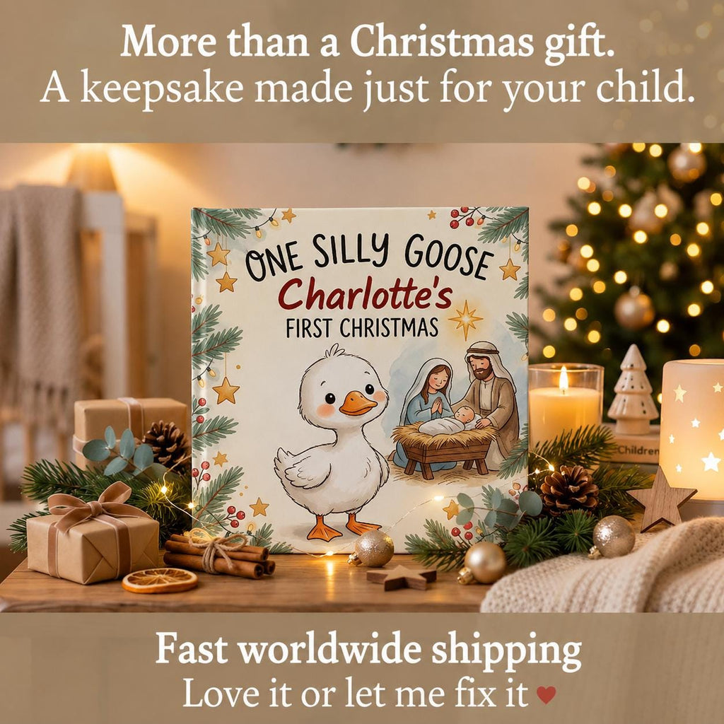Personalized Baby's First Christmas Book | One Silly Goose Custom Name Storybook | Christian Christmas Gift