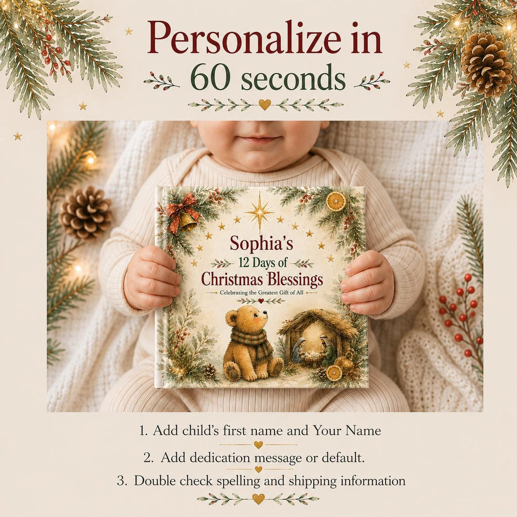 Personalized Christian Christmas Book for Kids | 12 Days of Christmas Blessings | Custom Name Storybook