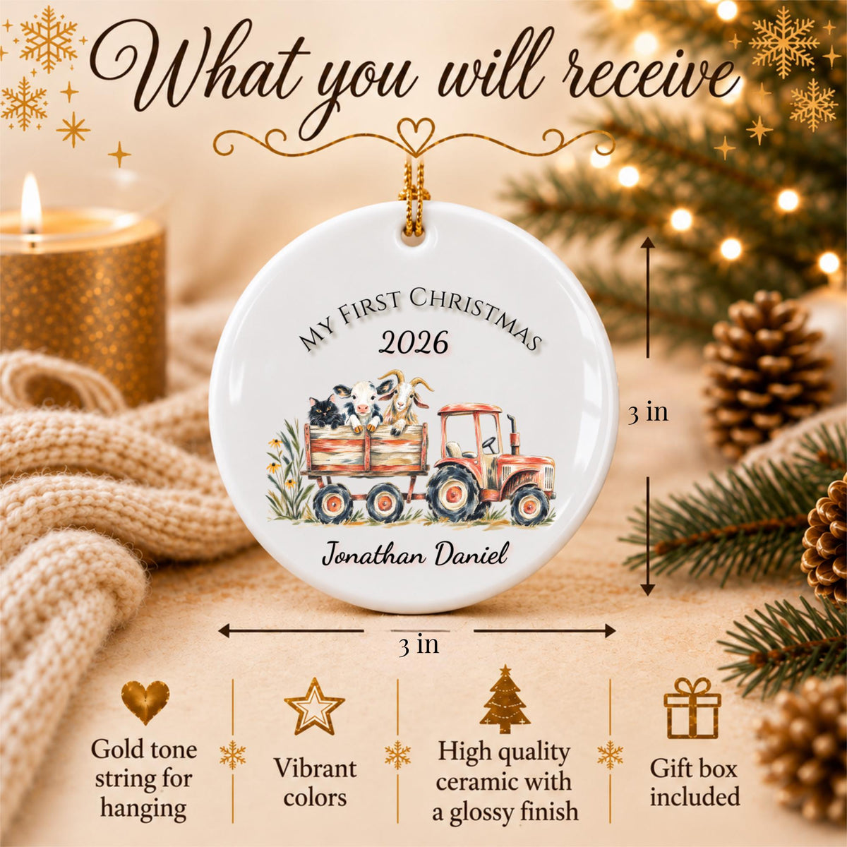 Personalized Baby's First Christmas Ornament, Farm Tractor Animals, Keepsake Gift (2026)