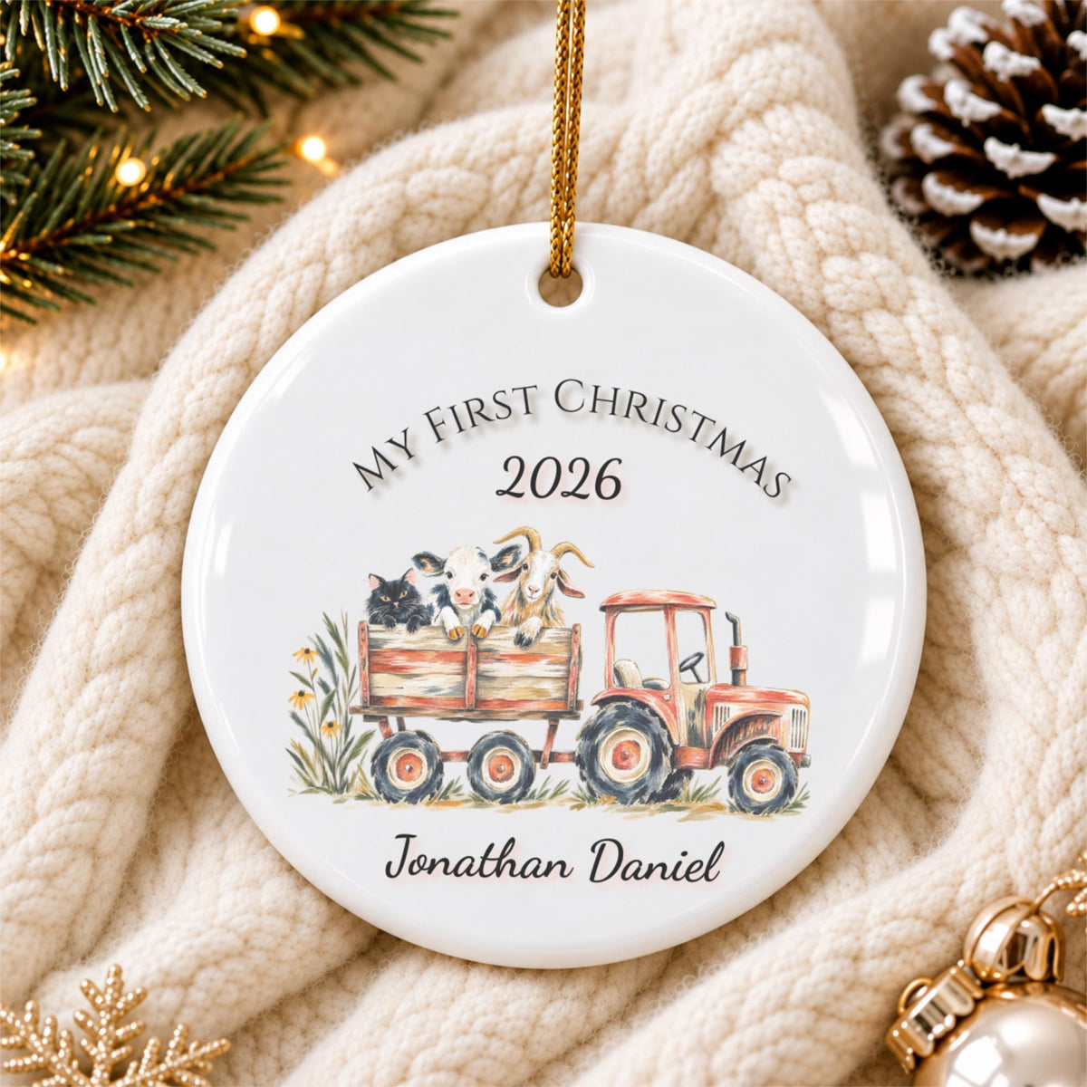 Personalized Baby's First Christmas Ornament, Farm Tractor Animals, Keepsake Gift (2026)