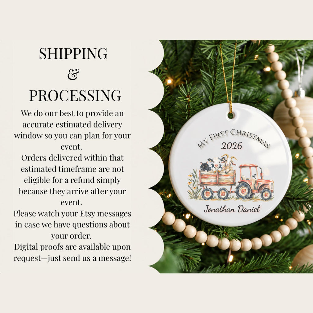Personalized Baby's First Christmas Ornament, Farm Tractor Animals, Keepsake Gift (2026)