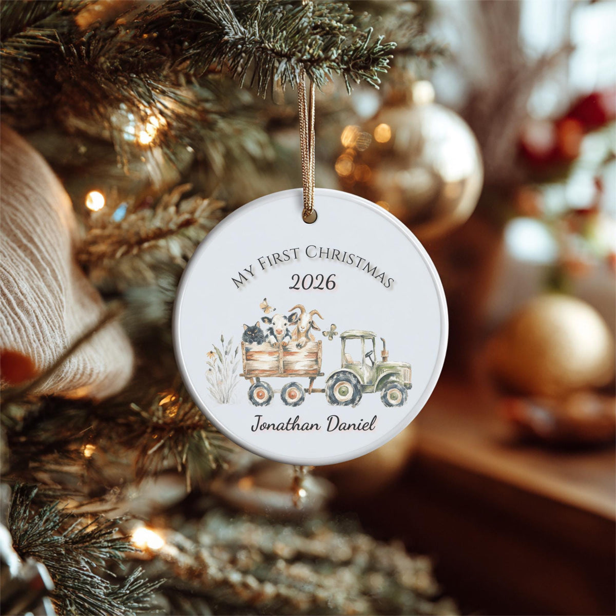Personalized Baby's First Christmas Ornament, Farm Tractor Animals, Keepsake Gift (2026)