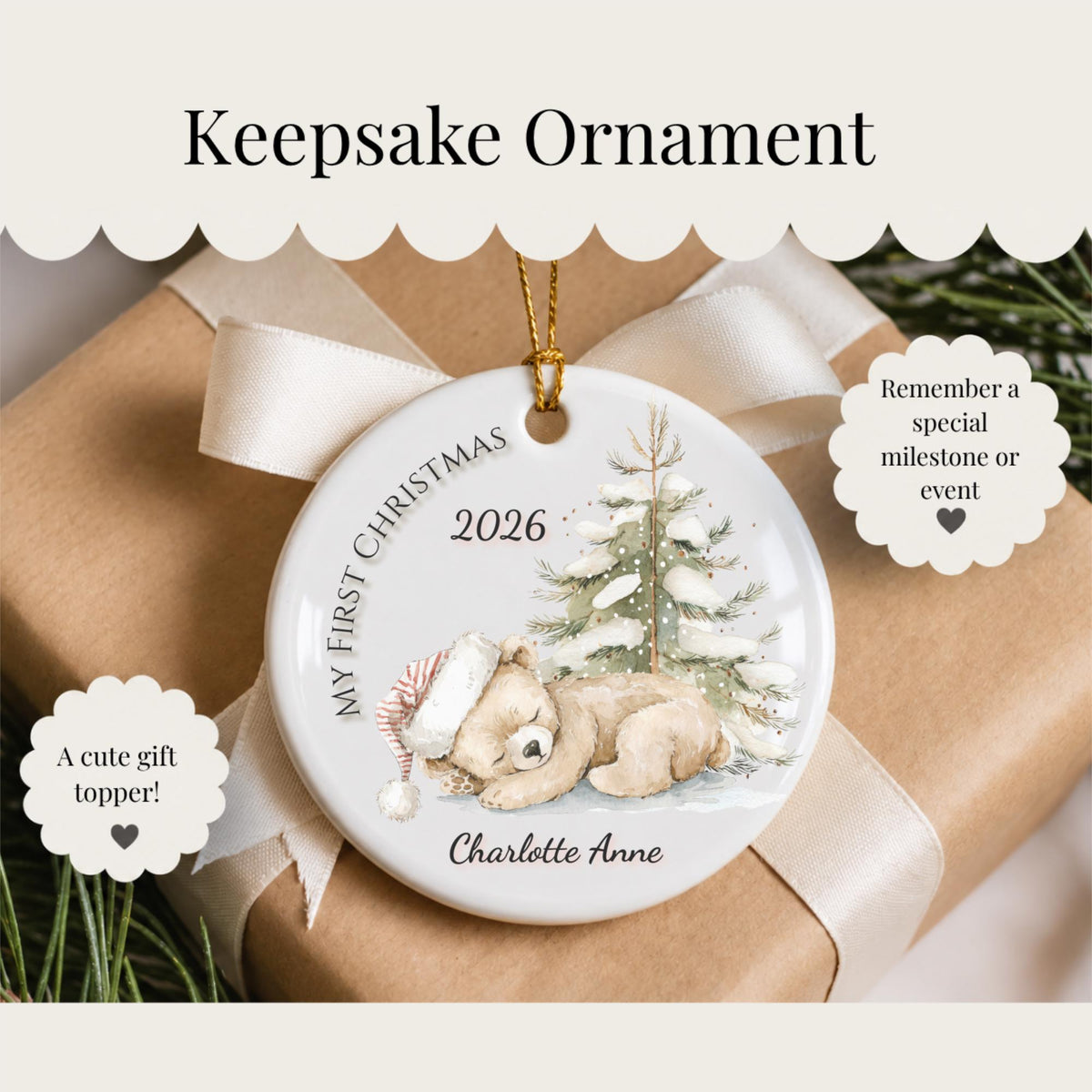 Baby's First Christmas Ornament 2026, Watercolor Teddy Bear Snowy Pine Tree, Personalized Name Keepsake, Newborn Gift, Baby Boy Girl
