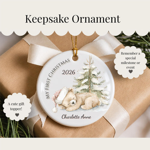 Baby's First Christmas Ornament 2026, Watercolor Teddy Bear Snowy Pine Tree, Personalized Name Keepsake, Newborn Gift, Baby Boy Girl