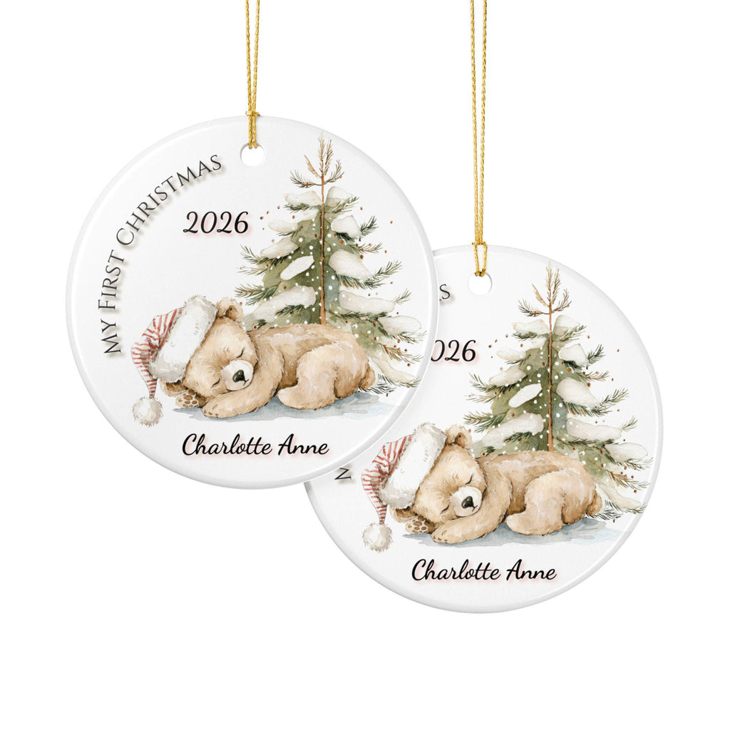 Baby's First Christmas Ornament 2026, Watercolor Teddy Bear Snowy Pine Tree, Personalized Name Keepsake, Newborn Gift, Baby Boy Girl