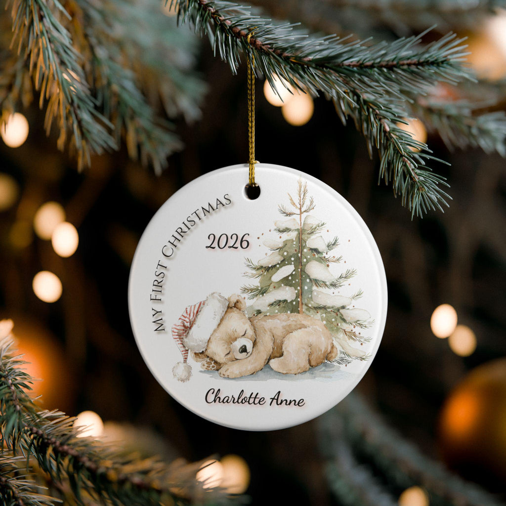 Baby's First Christmas Ornament 2026, Watercolor Teddy Bear Snowy Pine Tree, Personalized Name Keepsake, Newborn Gift, Baby Boy Girl