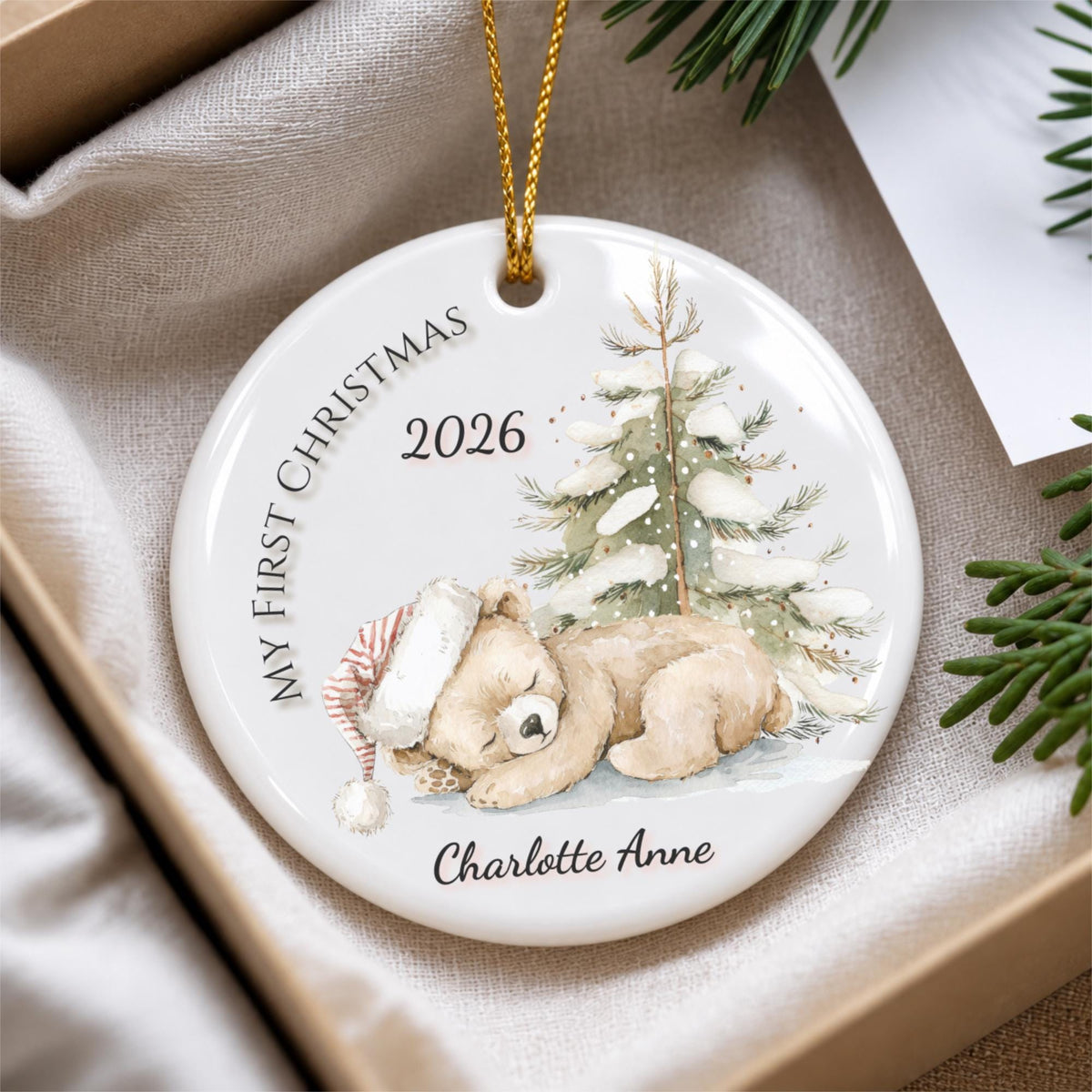 Baby's First Christmas Ornament 2026, Watercolor Teddy Bear Snowy Pine Tree, Personalized Name Keepsake, Newborn Gift, Baby Boy Girl