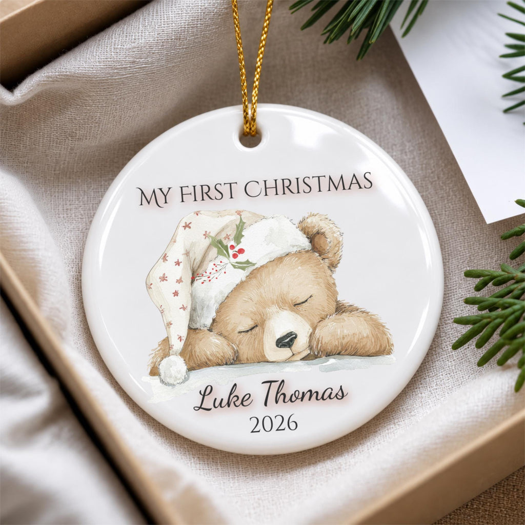 My First Christmas Ornament 2026, Sleepy Teddy Bear Nightcap, Custom Name Ceramic Keepsake, Baby Shower Gift, Gift for New Mom