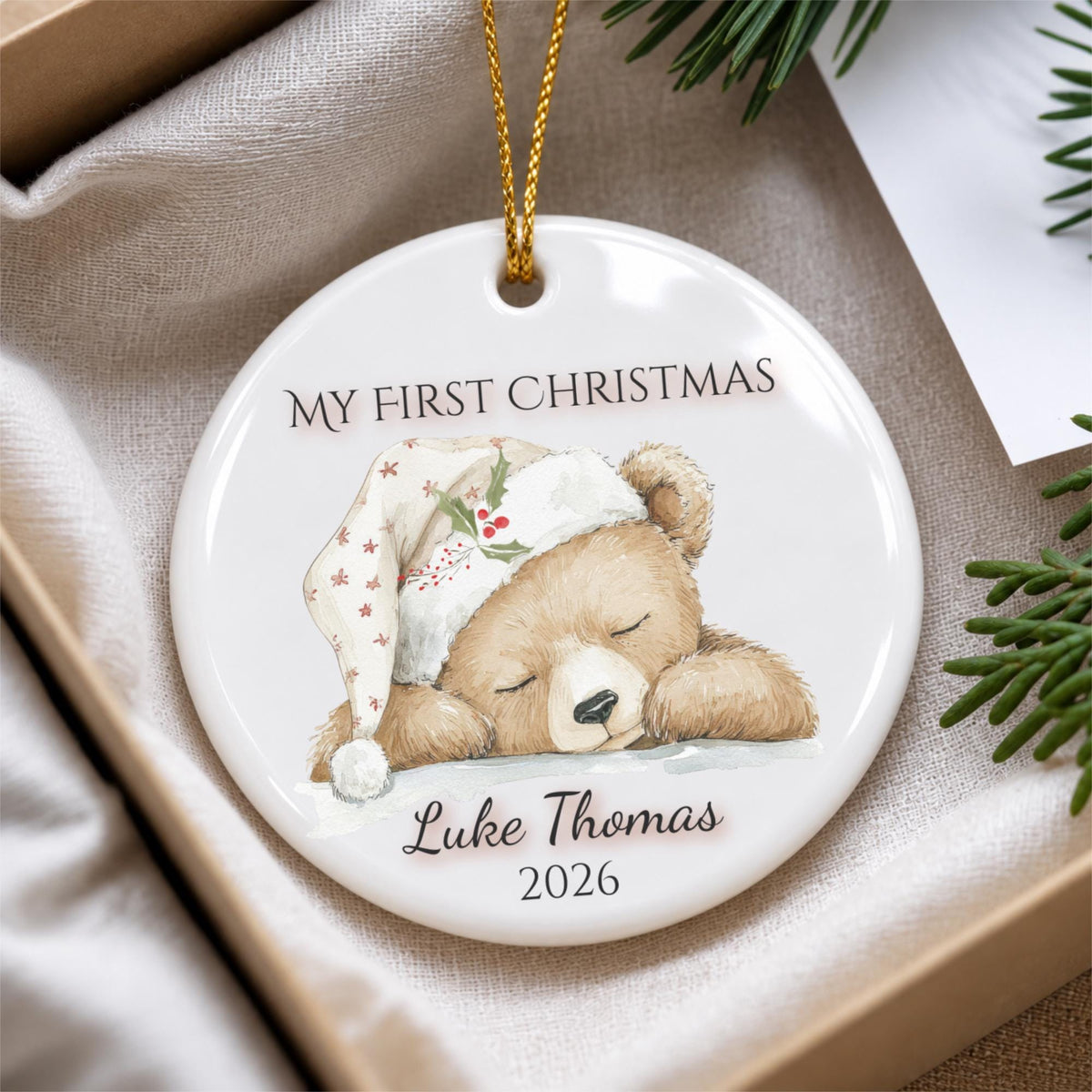 My First Christmas Ornament 2026, Sleepy Teddy Bear Nightcap, Custom Name Ceramic Keepsake, Baby Shower Gift, Gift for New Mom