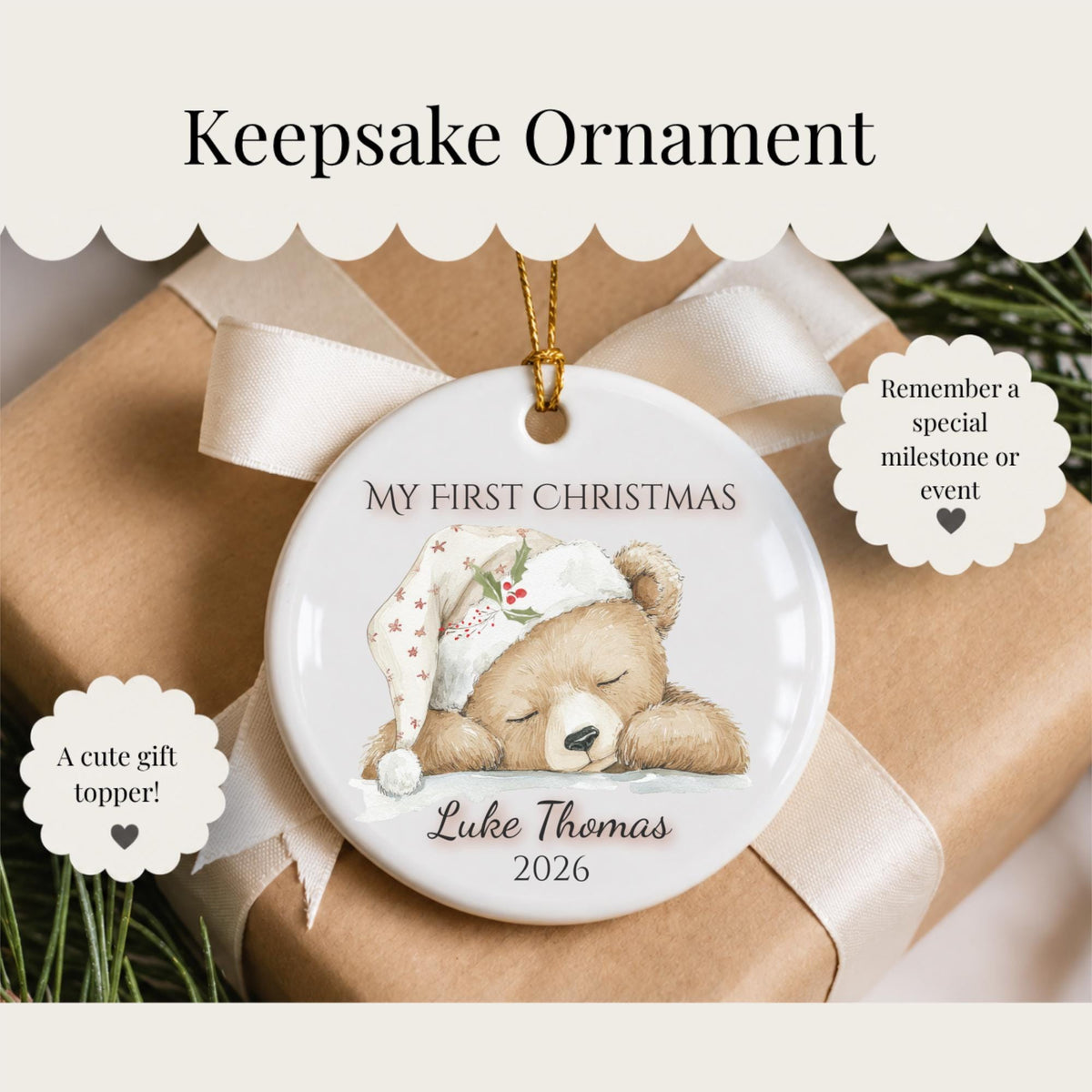 My First Christmas Ornament 2026, Sleepy Teddy Bear Nightcap, Custom Name Ceramic Keepsake, Baby Shower Gift, Gift for New Mom