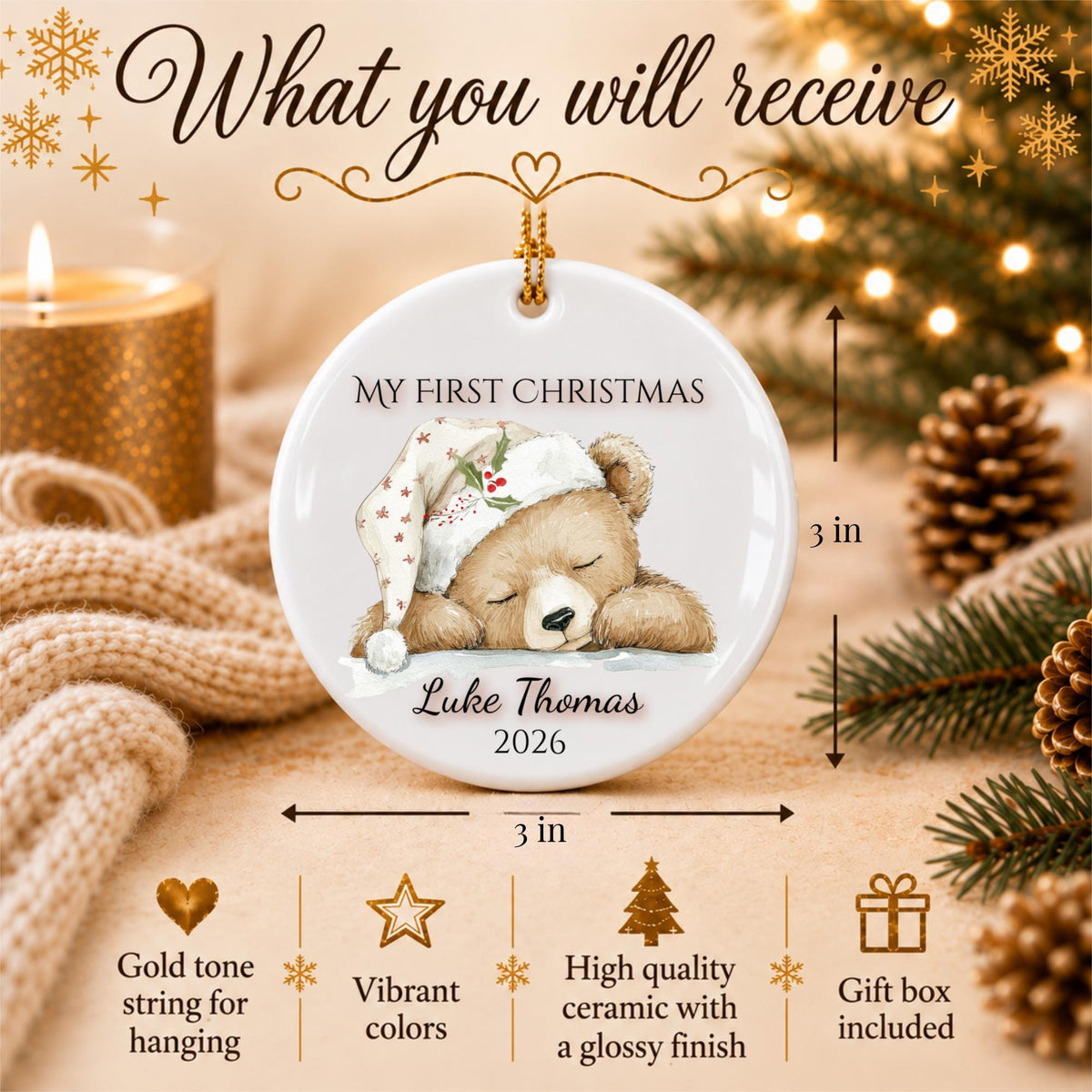 My First Christmas Ornament 2026, Sleepy Teddy Bear Nightcap, Custom Name Ceramic Keepsake, Baby Shower Gift, Gift for New Mom
